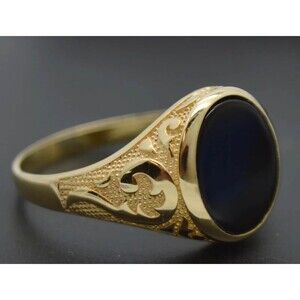 Real Solid 14K Yellow Gold Oval Black Onyx Signet Vintage Style Ring ALL Sizes